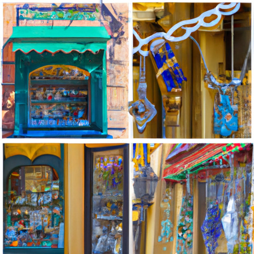 קולאז' של כמה חנויות אביזרים קסומות, המציגות את חלונות הראווה הייחודיים והקסומים שלהן.